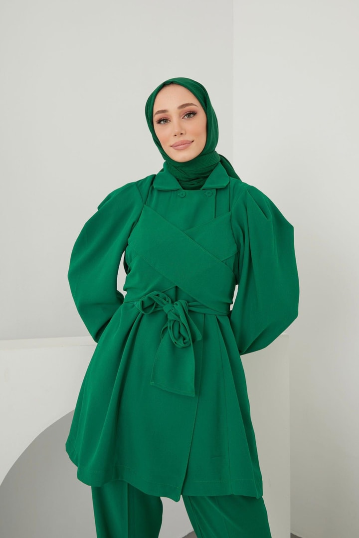 Belina Bağlamalı Ceket Takım - Zümrüt