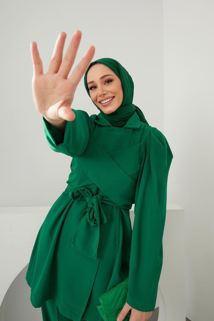 Belina Bağlamalı Ceket Takım - Zümrüt
