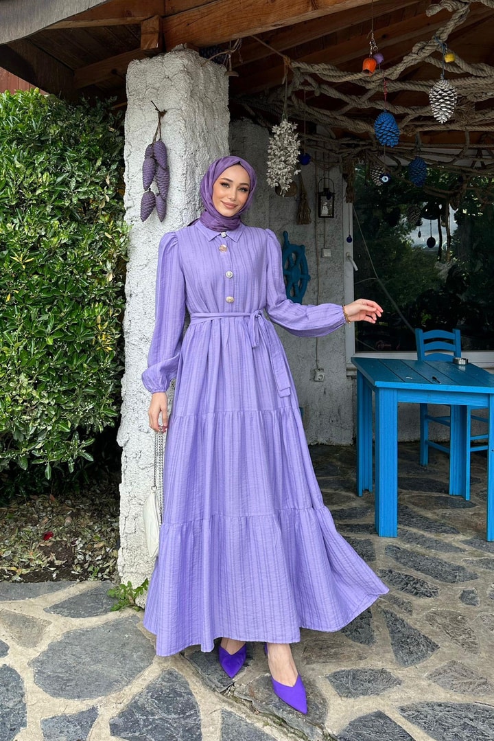 Bello Önü Düğmeli Dokulu Keten Elbise - Lila