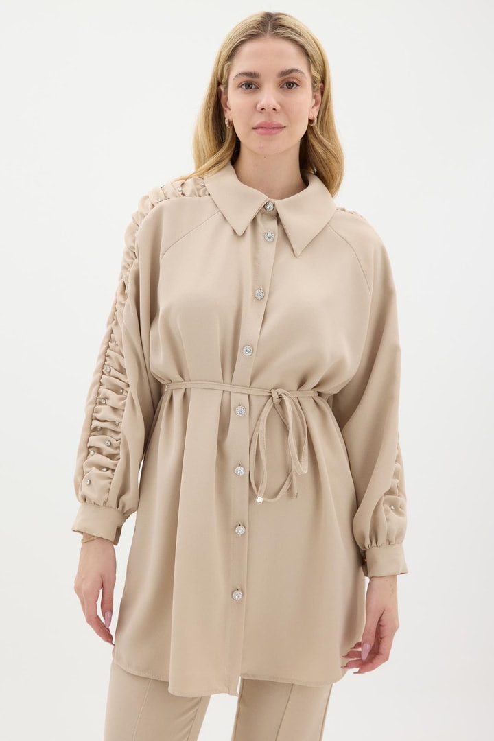 Benedict İnci Düğme Detaylı Krep Takım - Bej