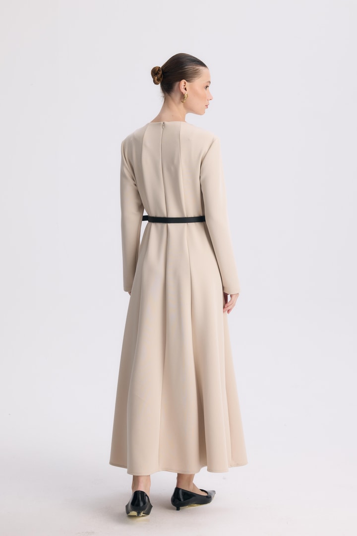 Benril Şeritli Scuba Elbise - Taş