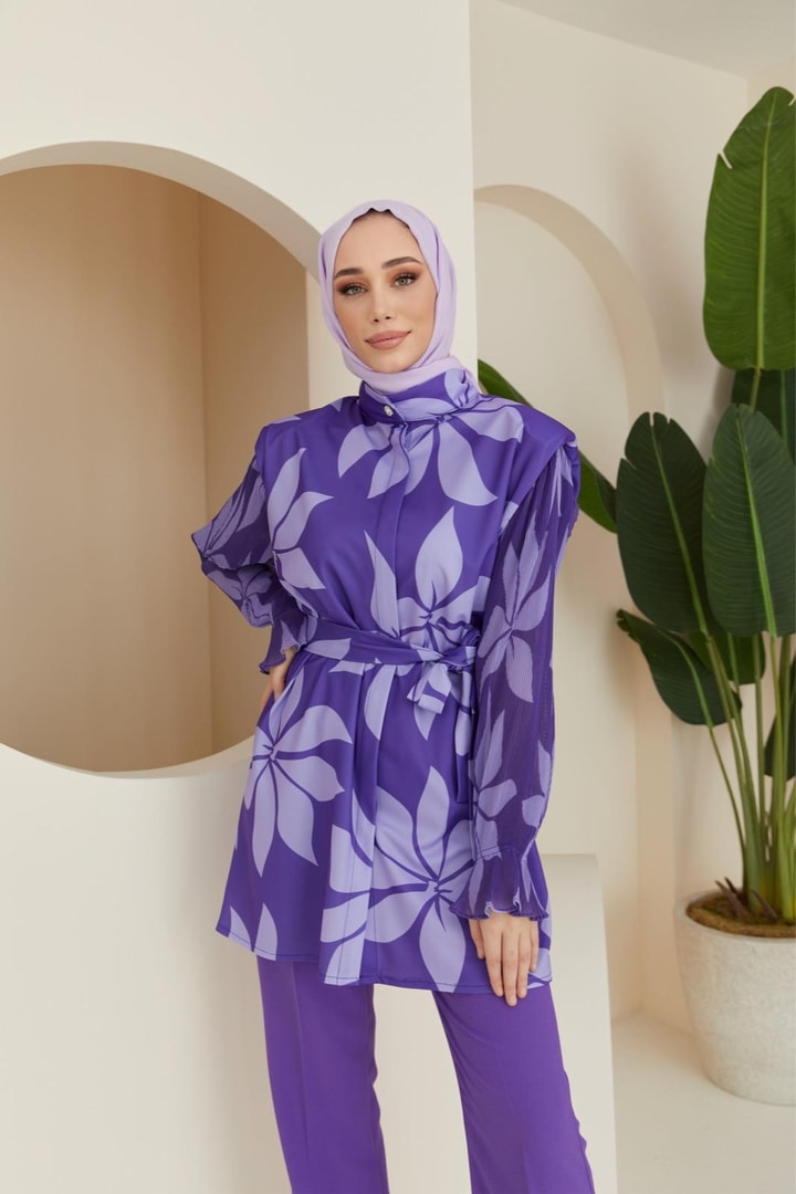 Berry Kolları Piliseli Desenli Takım - Mor