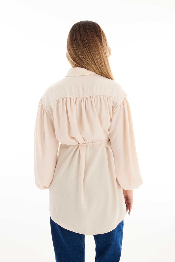 Betina Balon Kol Jakarlı Gömlek - İnci