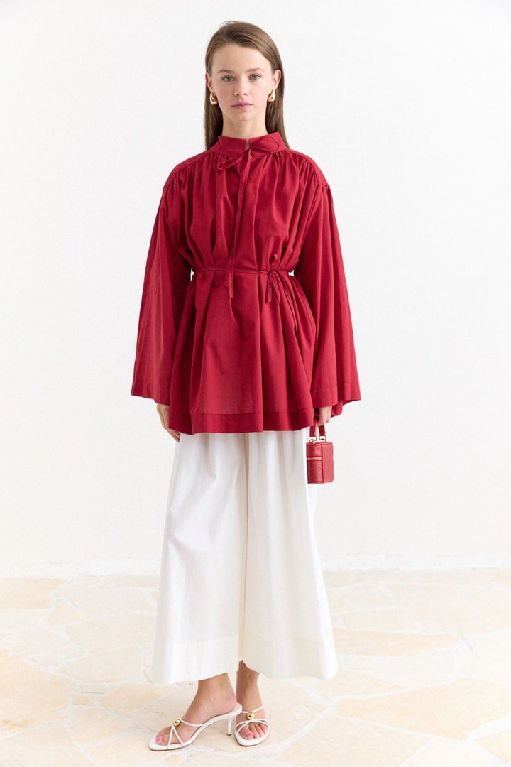 Biye Bağlamalı Vual Gömlek - Kırmızı