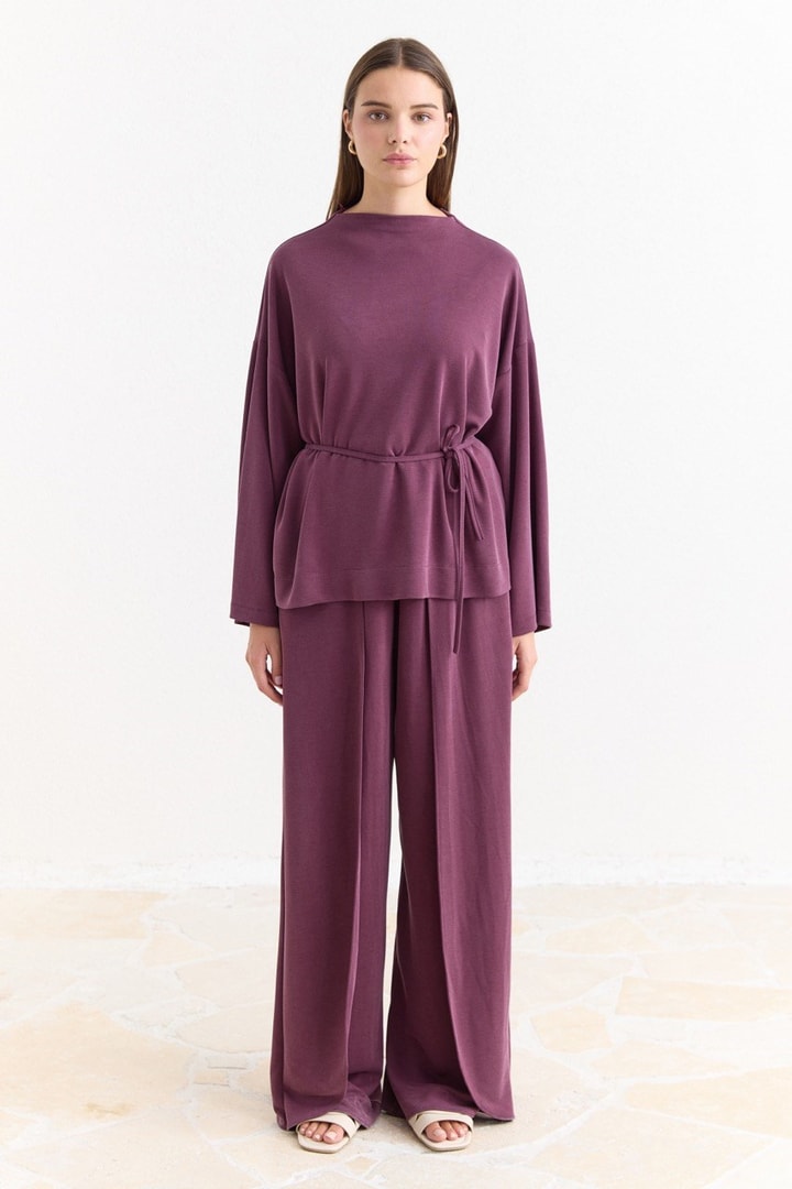 Biye Kuşaklı Basic Pantolonlu Takım - Mürdüm