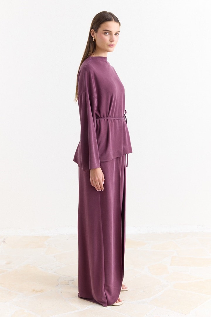 Biye Kuşaklı Basic Pantolonlu Takım - Mürdüm
