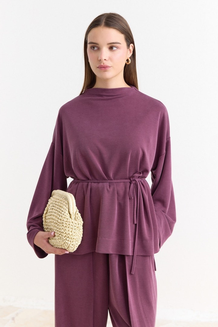 Biye Kuşaklı Basic Pantolonlu Takım - Mürdüm