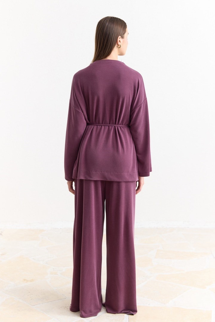 Biye Kuşaklı Basic Pantolonlu Takım - Mürdüm