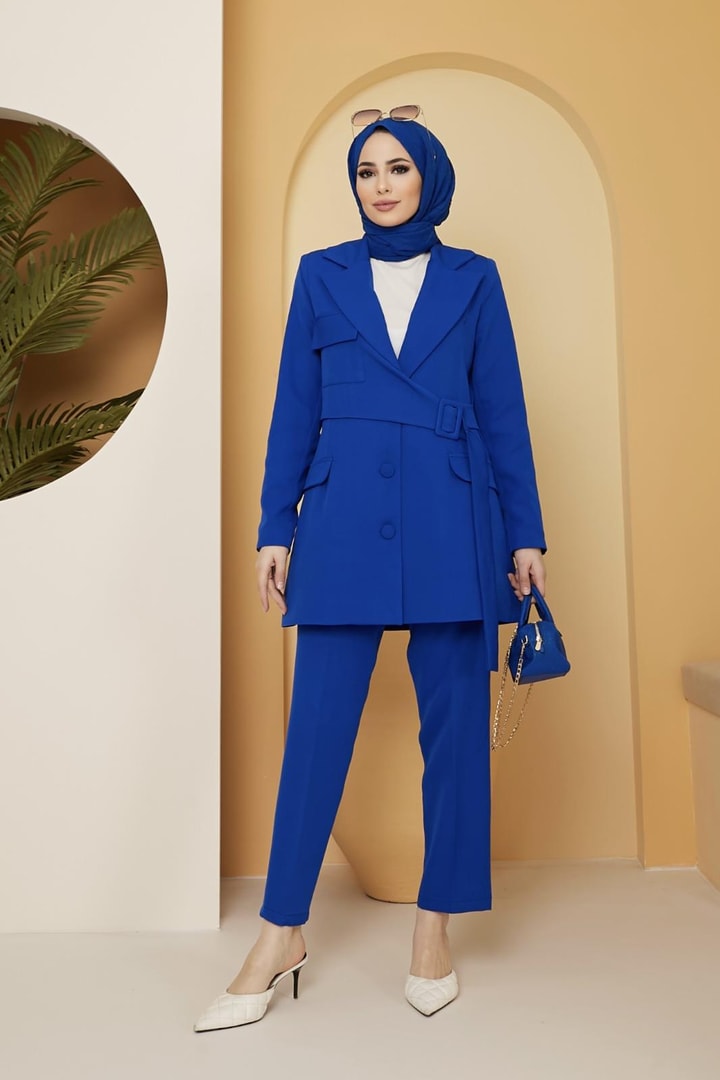 Bonni Kemer Toka Detaylı Ceket Takım - saks mavisi
