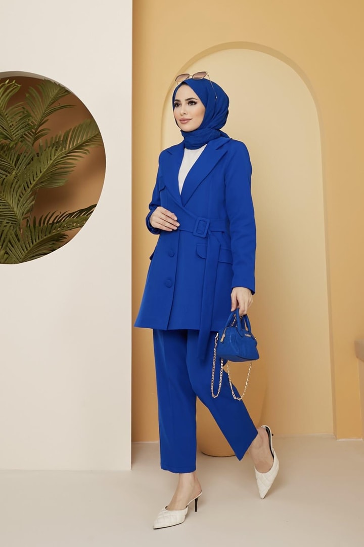 Bonni Kemer Toka Detaylı Ceket Takım - saks mavisi