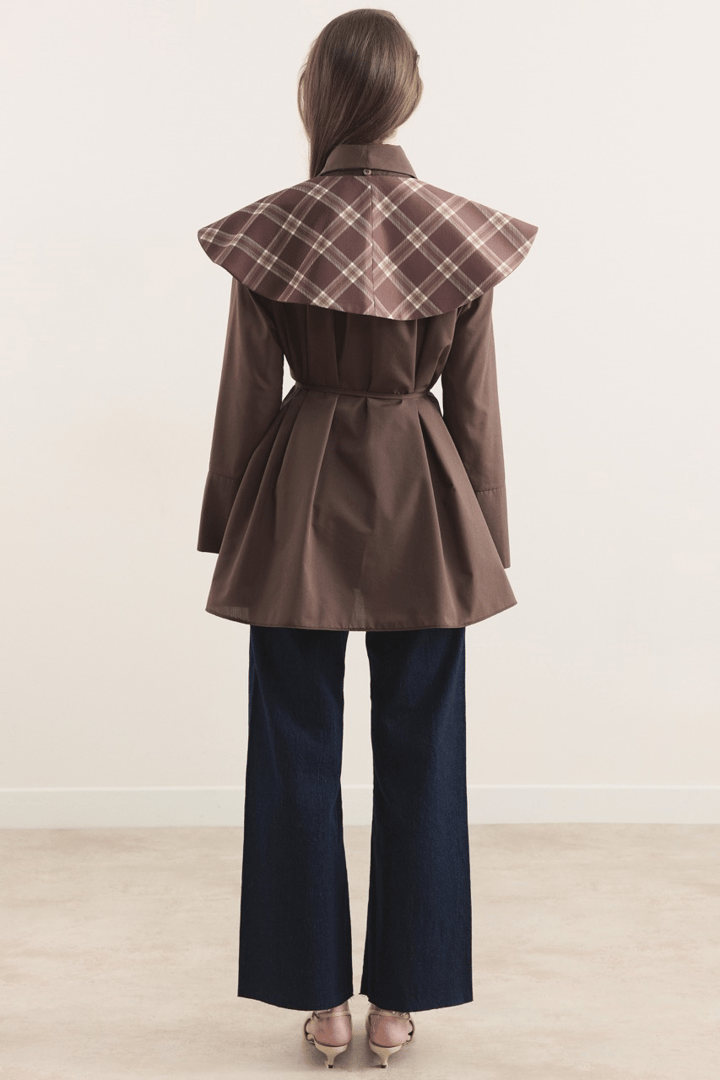 Büyük Yaka Ekose Garnili Dacron Gömlek - Kahve