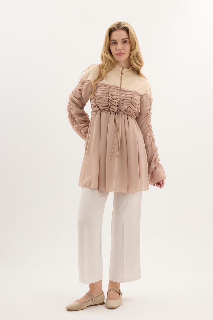 Büzgülü Şifon Detay Gömlek - Bej
