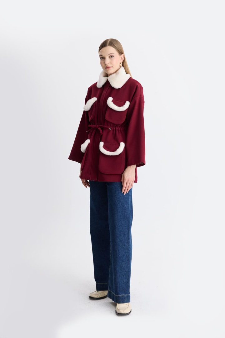 Cannes Peluş Detaylı Kaşe Mont - Bordo