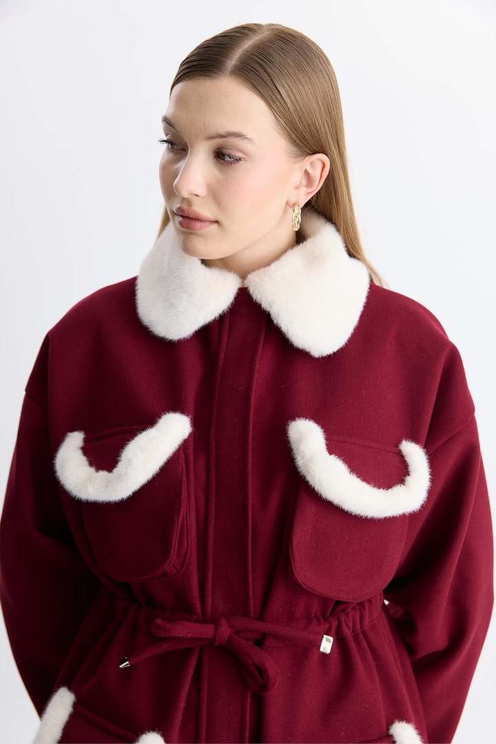 Cannes Peluş Detaylı Kaşe Mont - Bordo