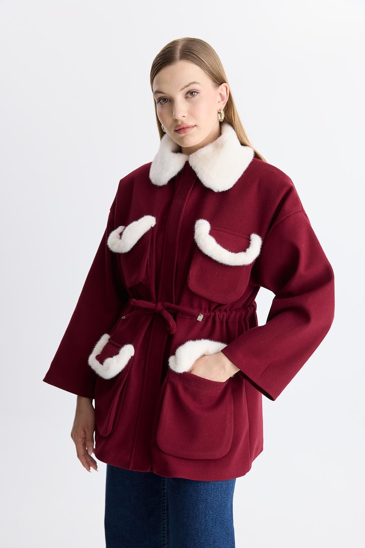 Cannes Peluş Detaylı Kaşe Mont - Bordo