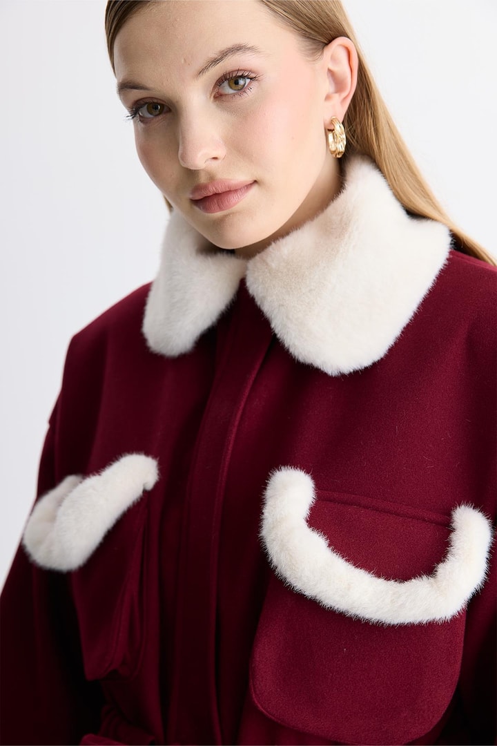 Cannes Peluş Detaylı Kaşe Mont - Bordo