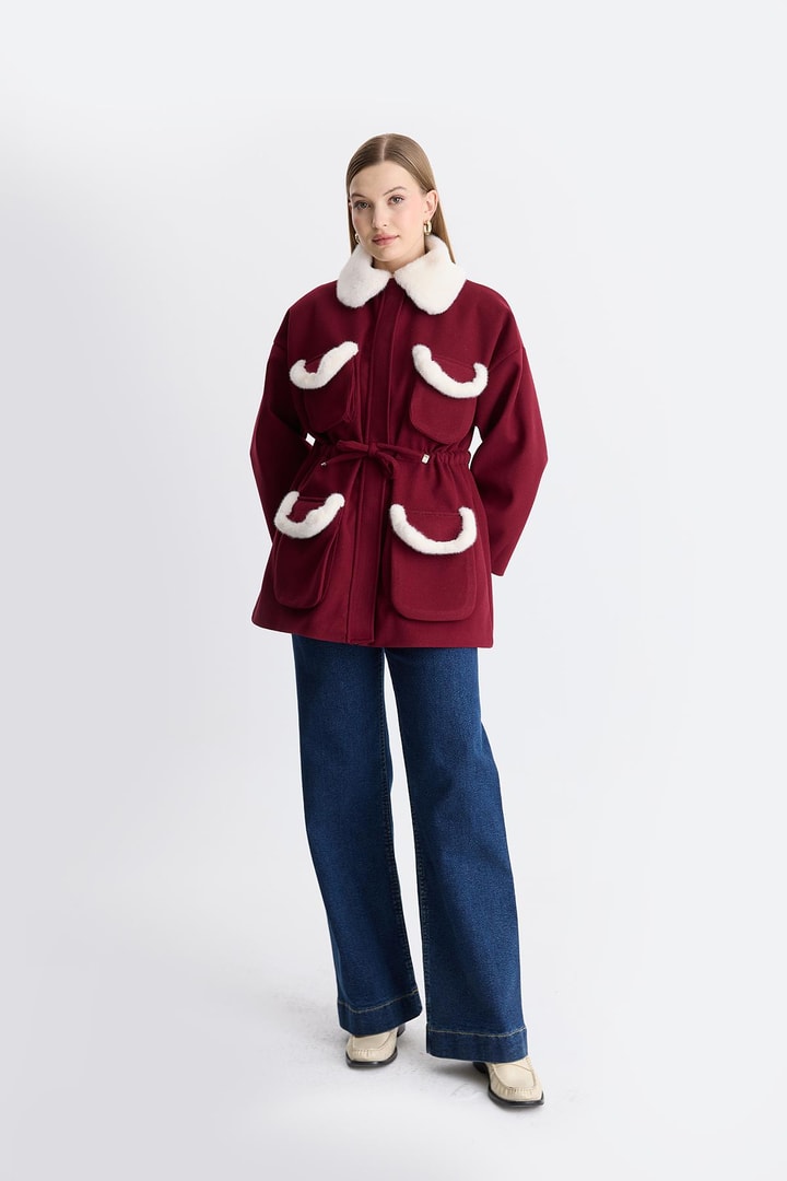 Cannes Peluş Detaylı Kaşe Mont - Bordo