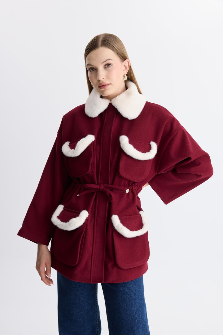 Cannes Peluş Detaylı Kaşe Mont - Bordo