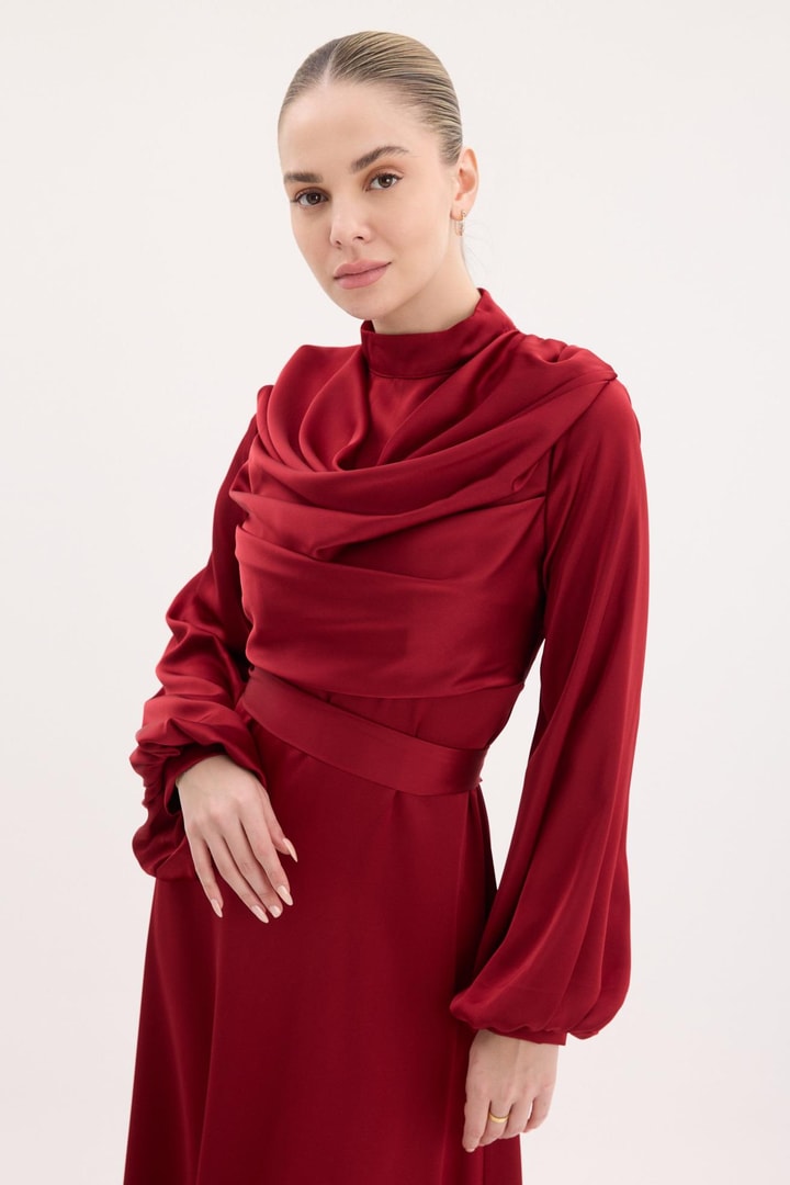 Carina Degaje Yaka Balon Kol Saten Abiye Elbise - Bordo