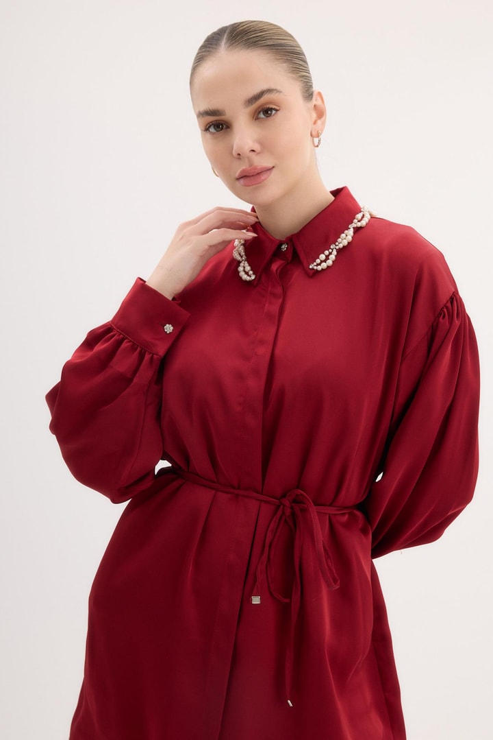 Catalina Yaka İşlemeli Gömlek - Bordo