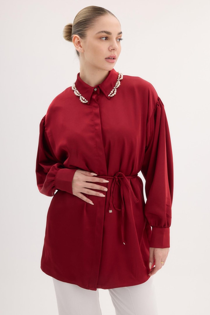 Catalina Yaka İşlemeli Gömlek - Bordo