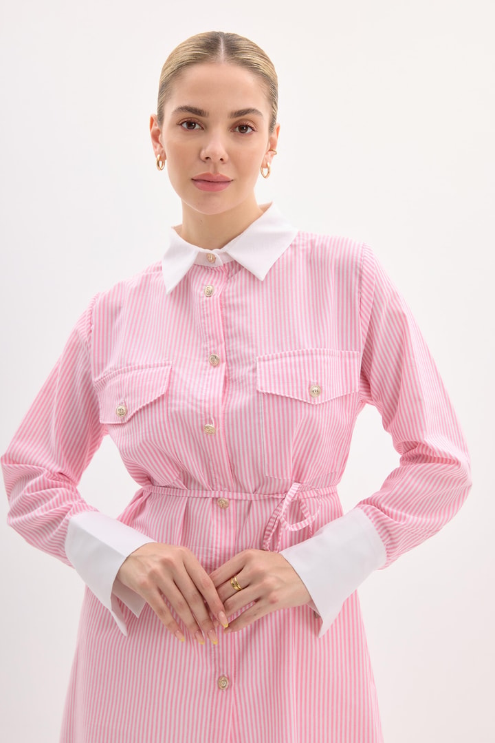 Cep Detaylı Çizgili Gömlek - Pembe