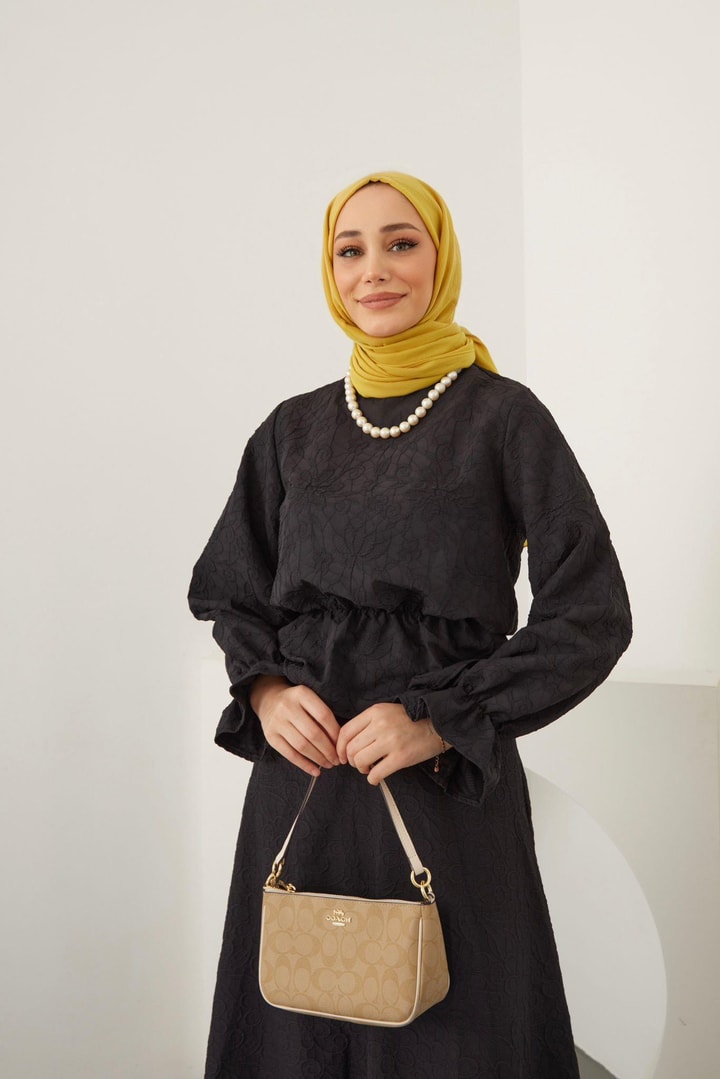 Çiçek Desenli Jakar Etek Takım - Siyah