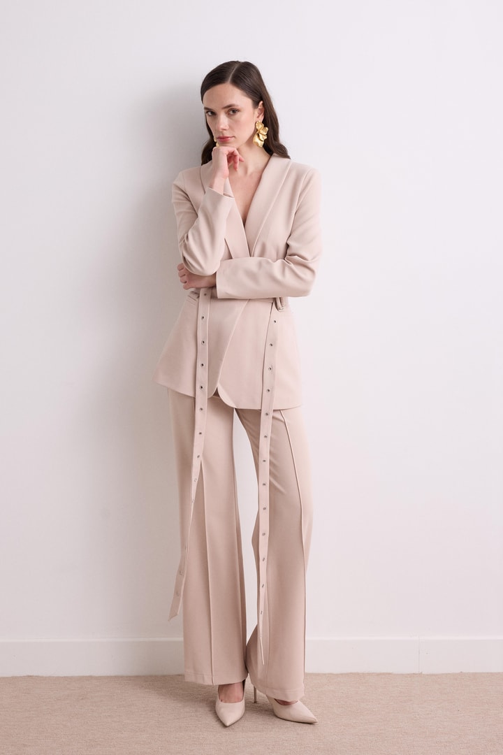 Çift Kemerli Blazer Takım - Taş