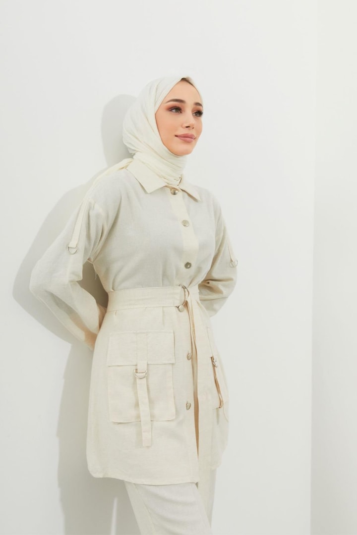 Cindy Körük Cepli Keten Takım - Bej