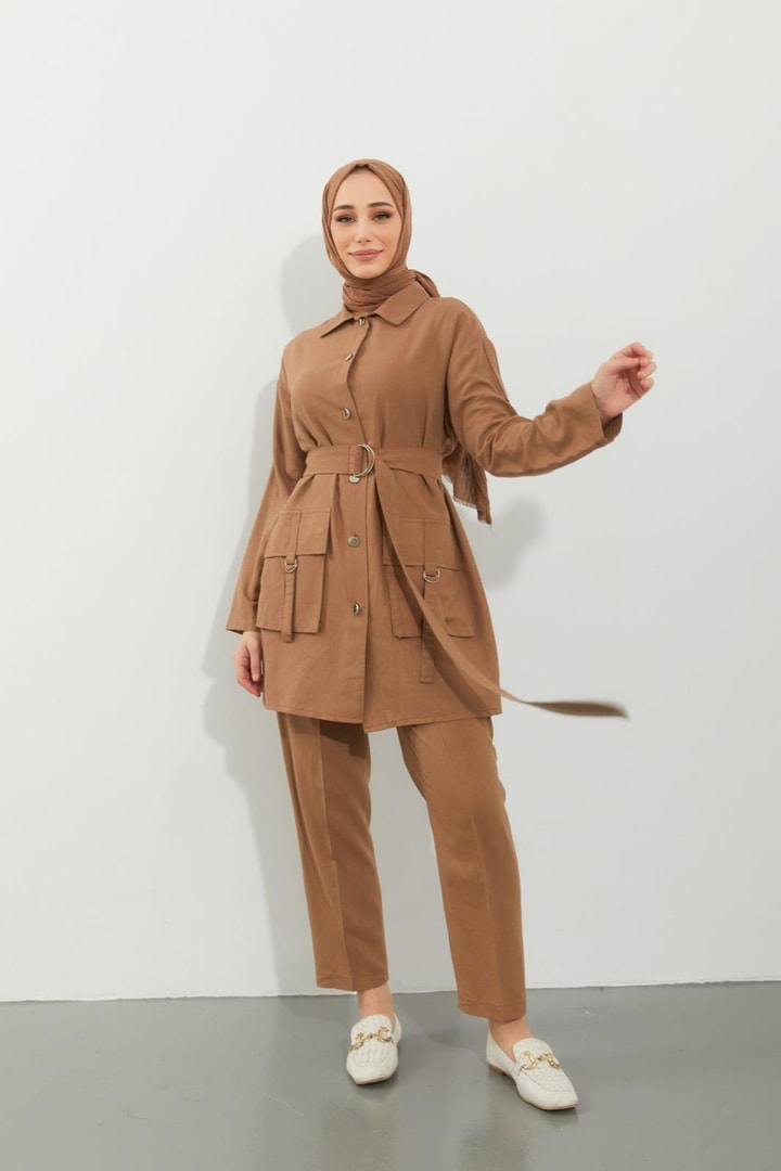 Cindy Körük Cepli Keten Takım - Camel