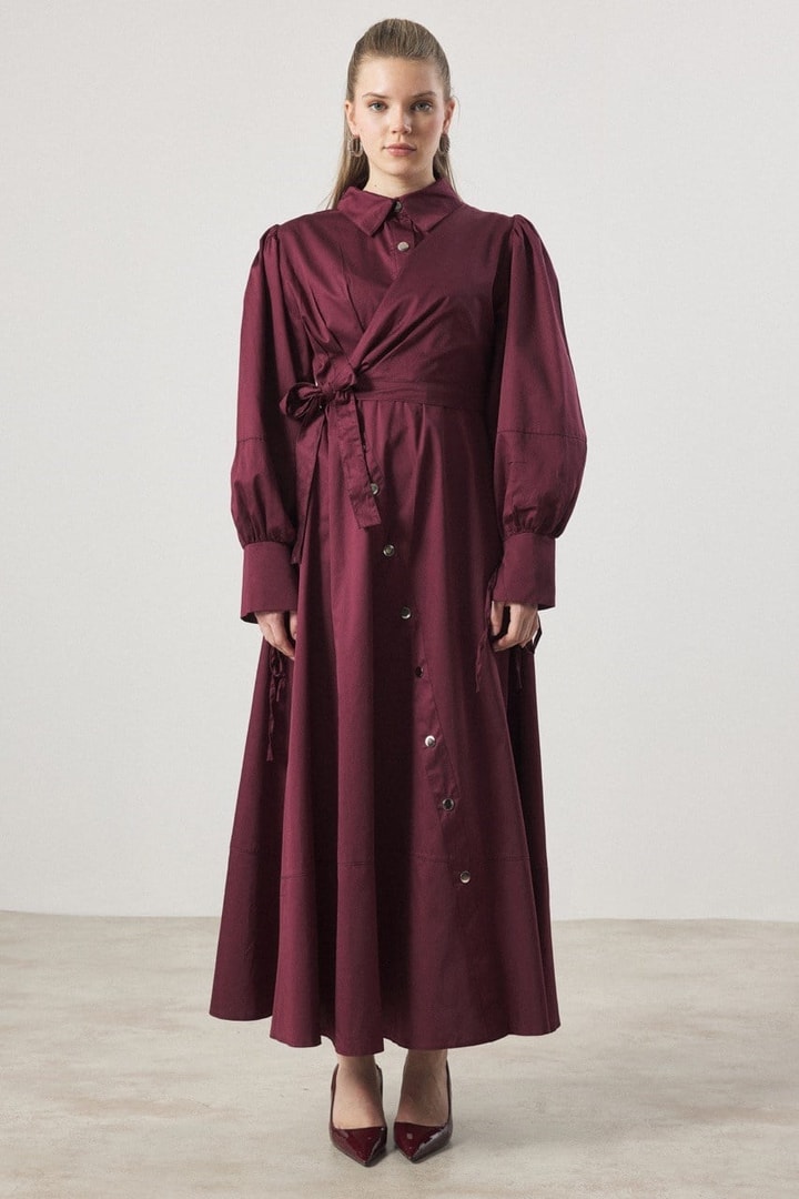 Çıtçıt Detaylı Compact Saten Elbise - Bordo