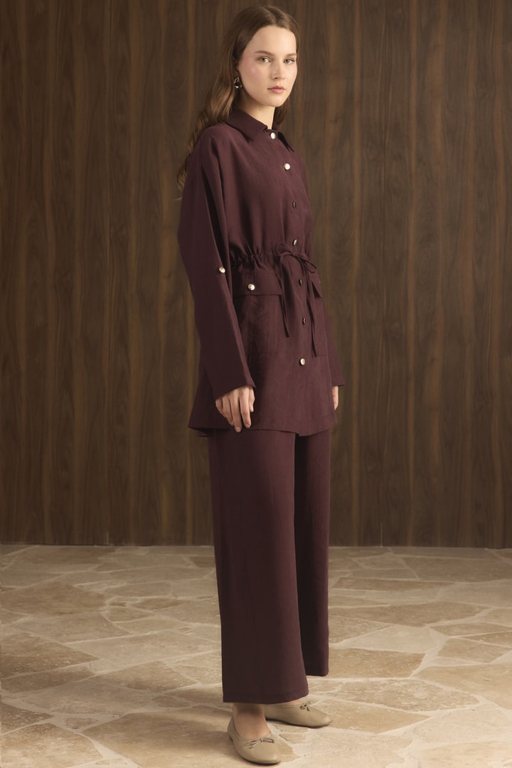 Çıtçıt Detaylı Pantolonlu Takım - Bordo