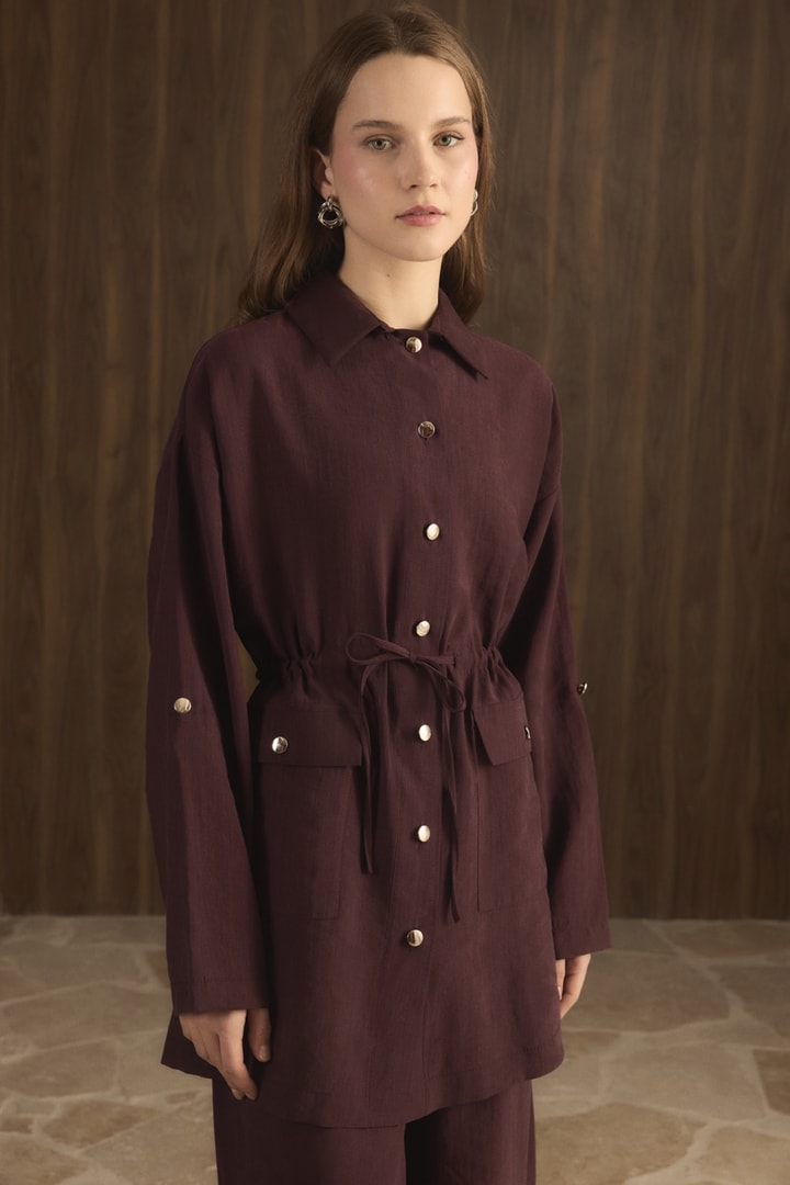 Çıtçıt Detaylı Pantolonlu Takım - Bordo