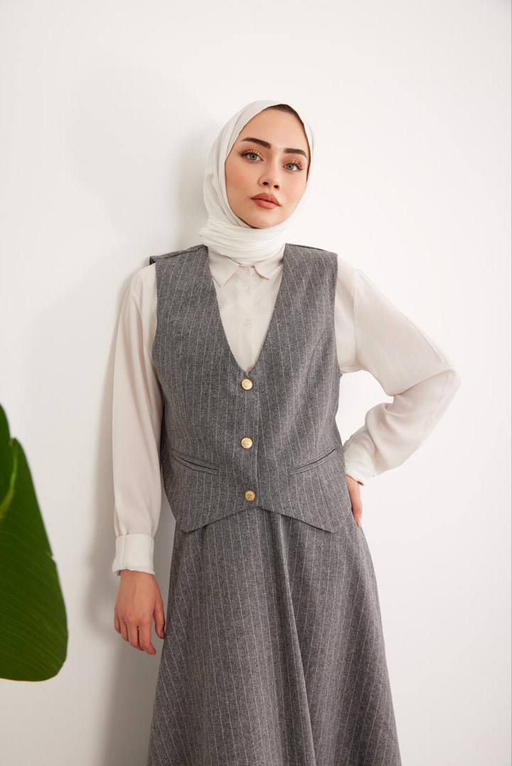 Çizgili Etek Takım - Gri