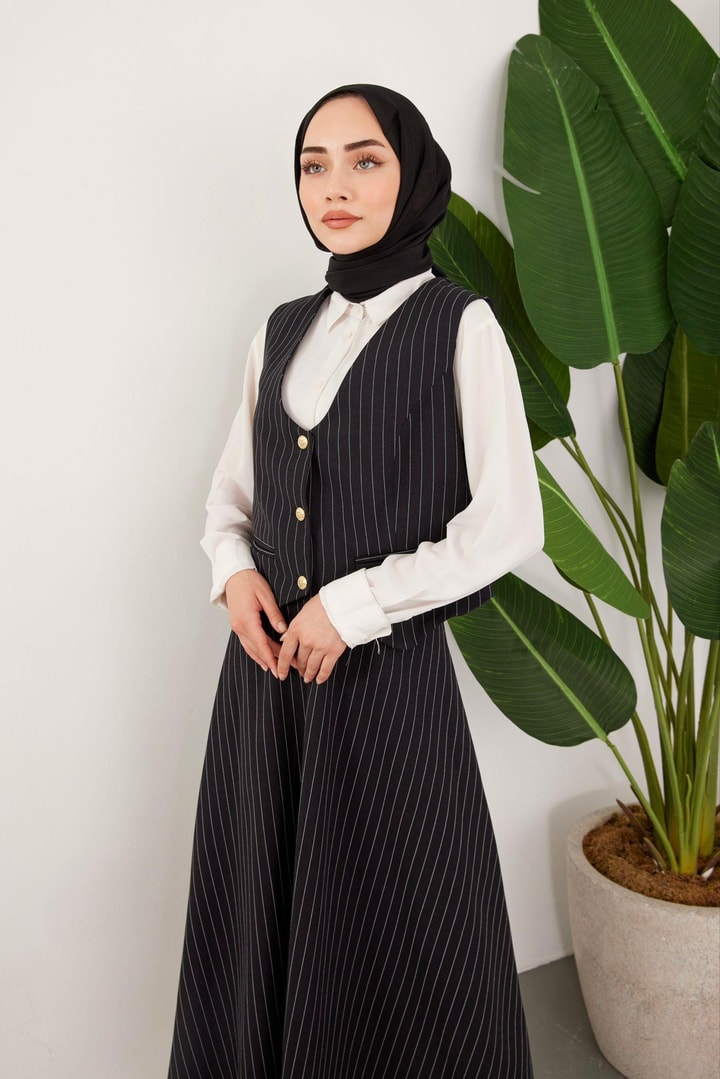 Çizgili Etek Takım - Siyah