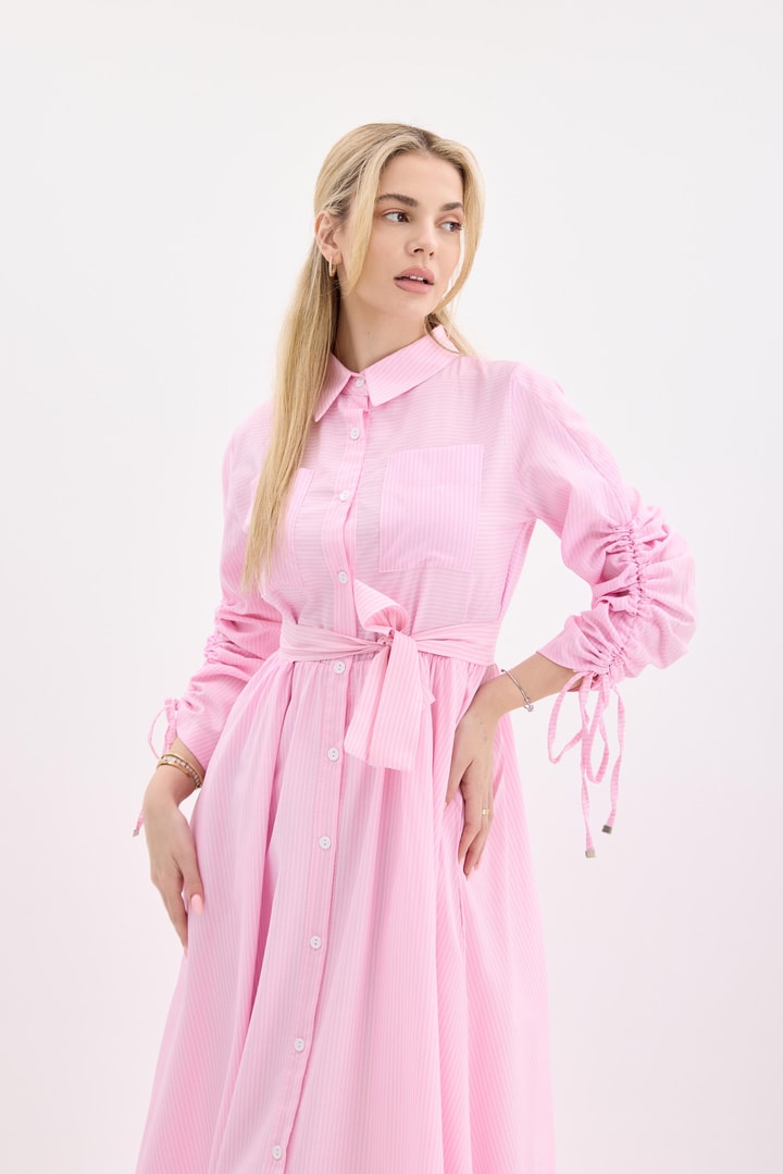 Çizgili Gömlek Elbise - Pembe