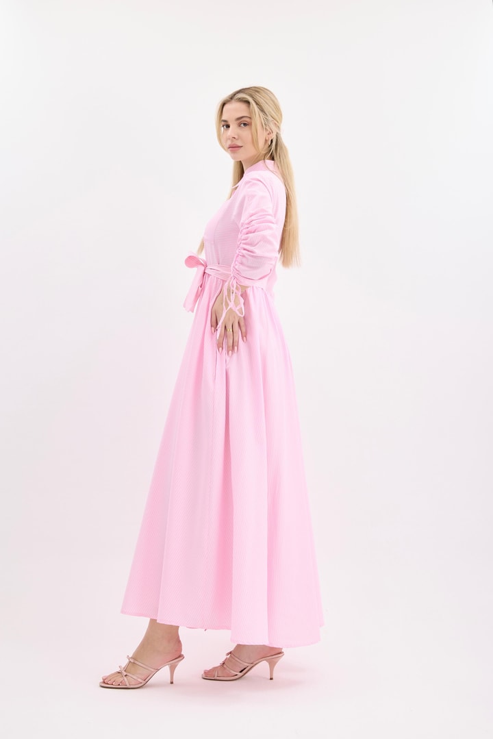 Çizgili Gömlek Elbise - Pembe