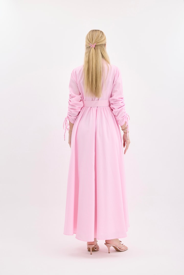 Çizgili Gömlek Elbise - Pembe