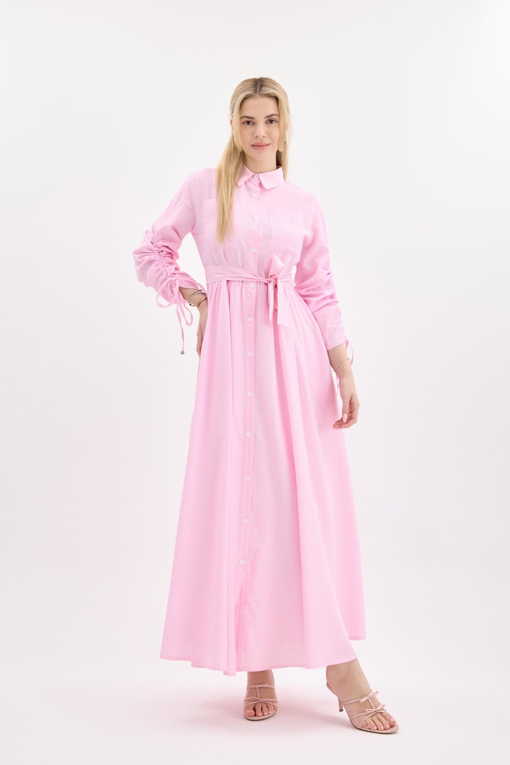 Çizgili Gömlek Elbise - Pembe