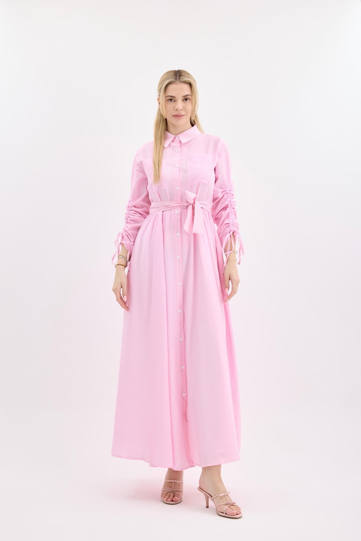 Çizgili Gömlek Elbise - Pembe