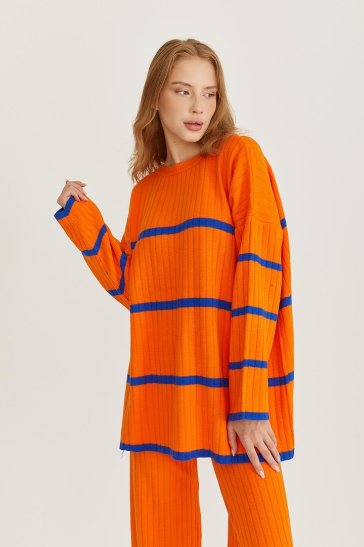 Çizgili Triko Takım - Orange