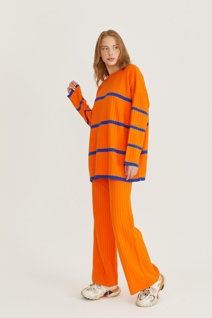 Çizgili Triko Takım - Orange