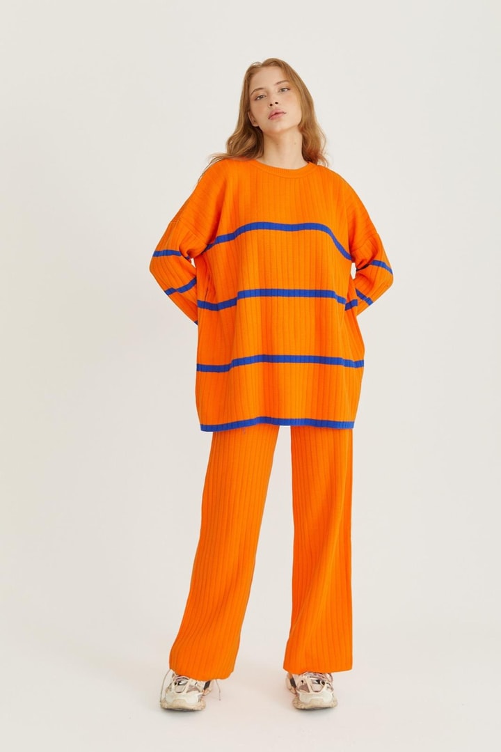 Çizgili Triko Takım - Orange