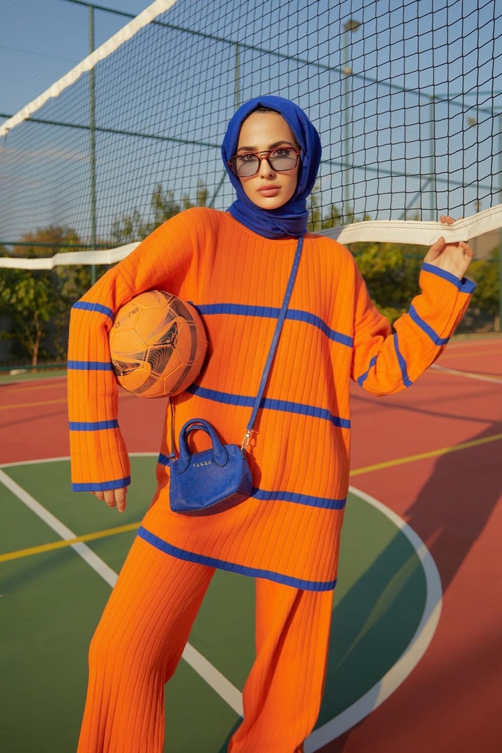 Çizgili Triko Takım - Orange