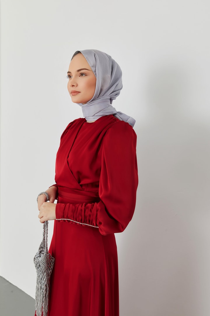 Clara Kruvaze Yaka Saten Abiye Elbise - Bordo