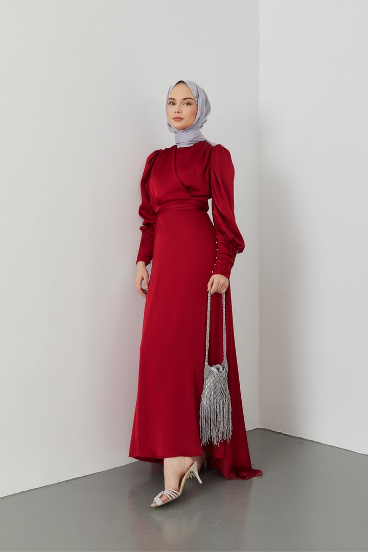 Clara Kruvaze Yaka Saten Abiye Elbise - Bordo