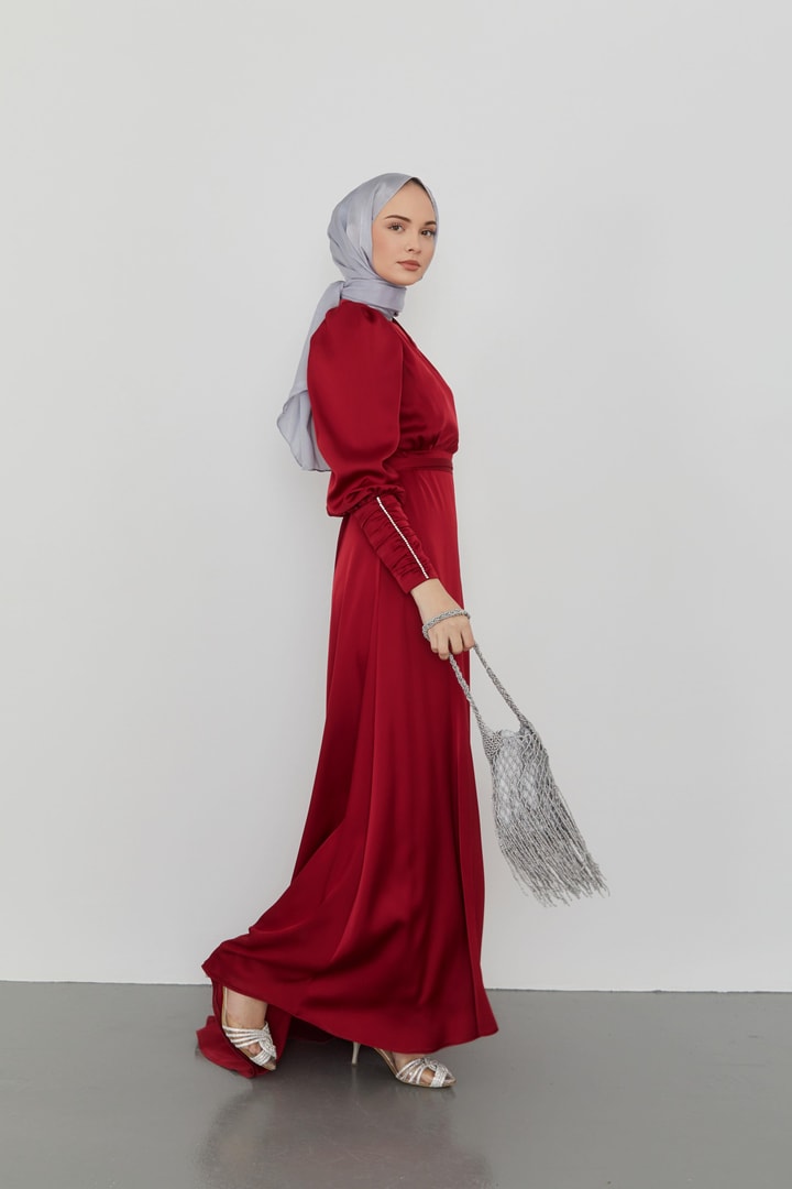 Clara Kruvaze Yaka Saten Abiye Elbise - Bordo