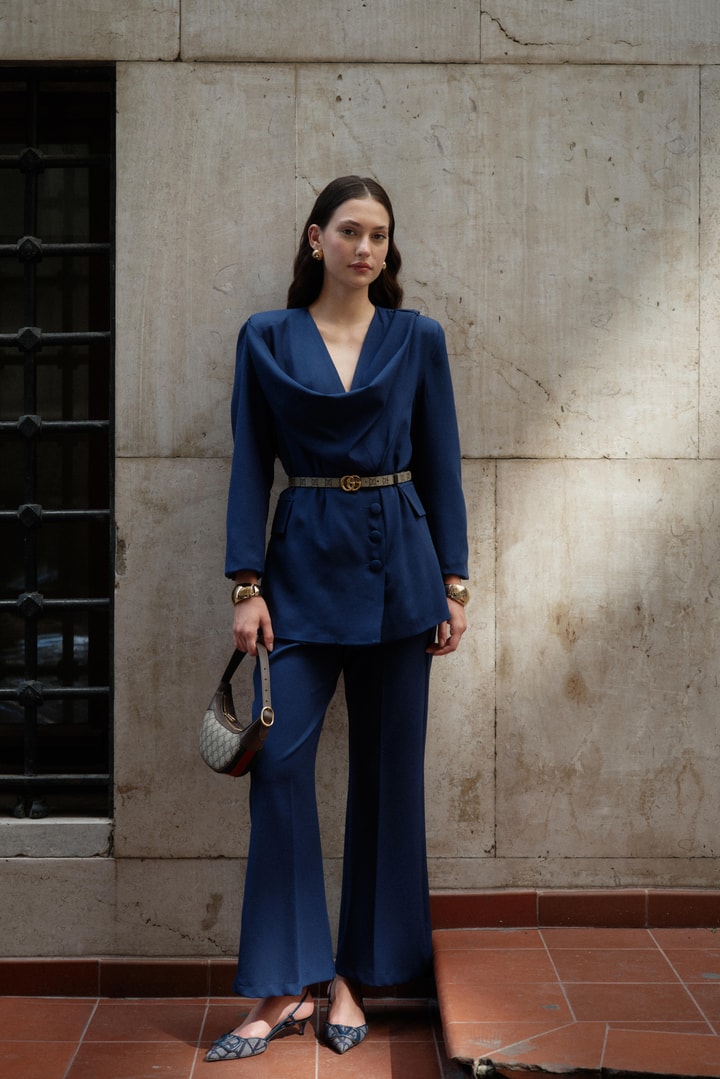 Coralie Degaje Yakalı Blazer Ceket Takım - Lacivert