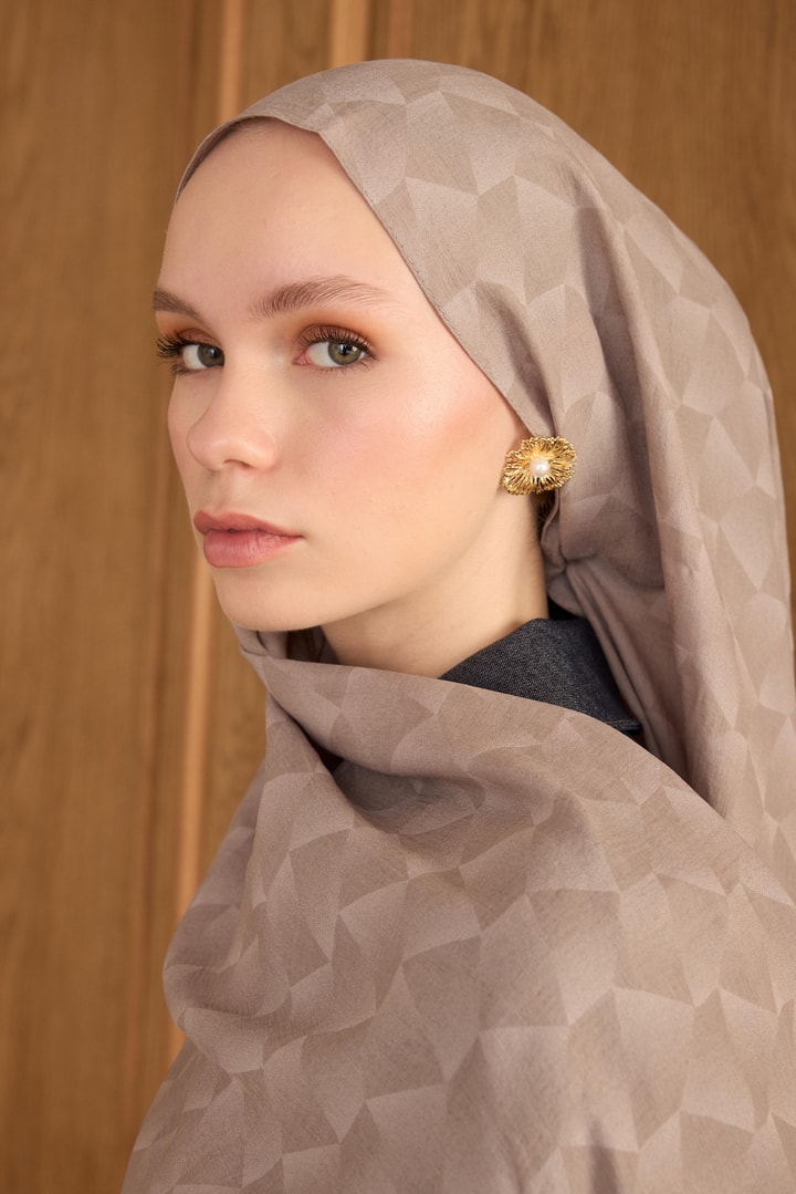 Cotton Monogram Geometrik Desen Şal - Açık Vizon