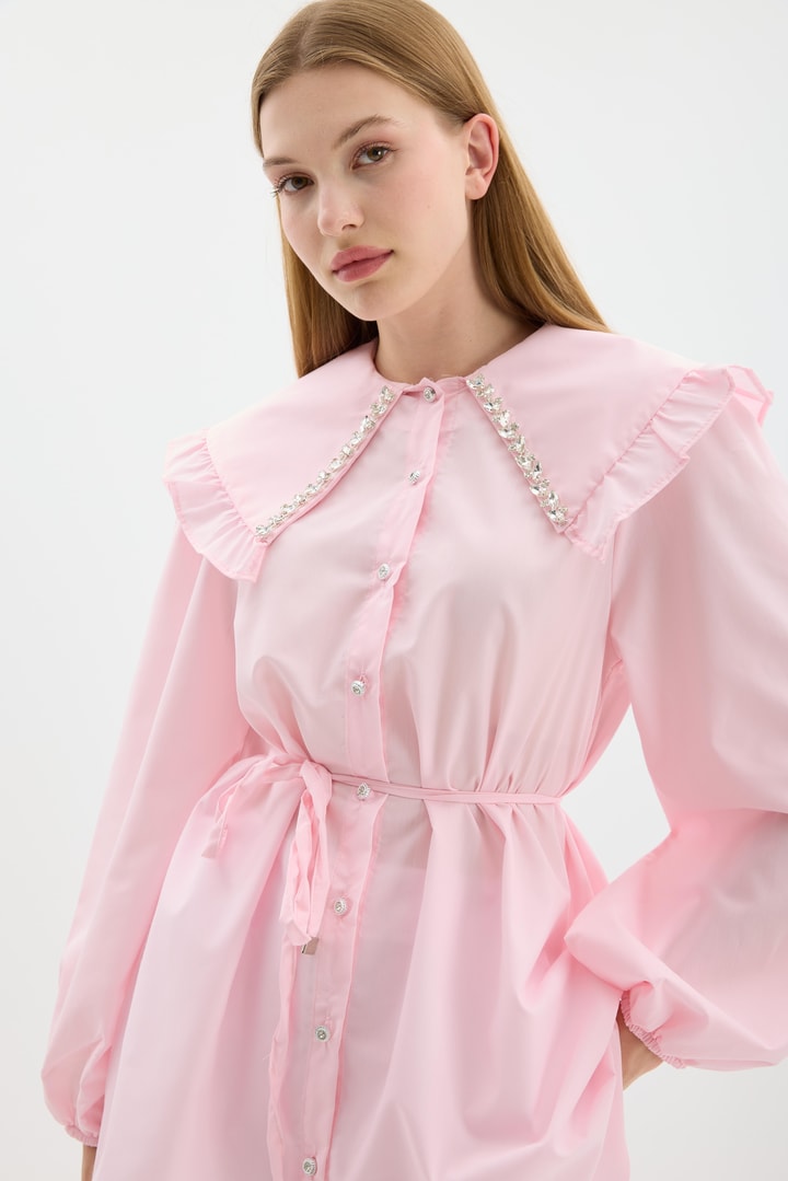 Dacron Yaka İşlemeli Gömlek - Pembe